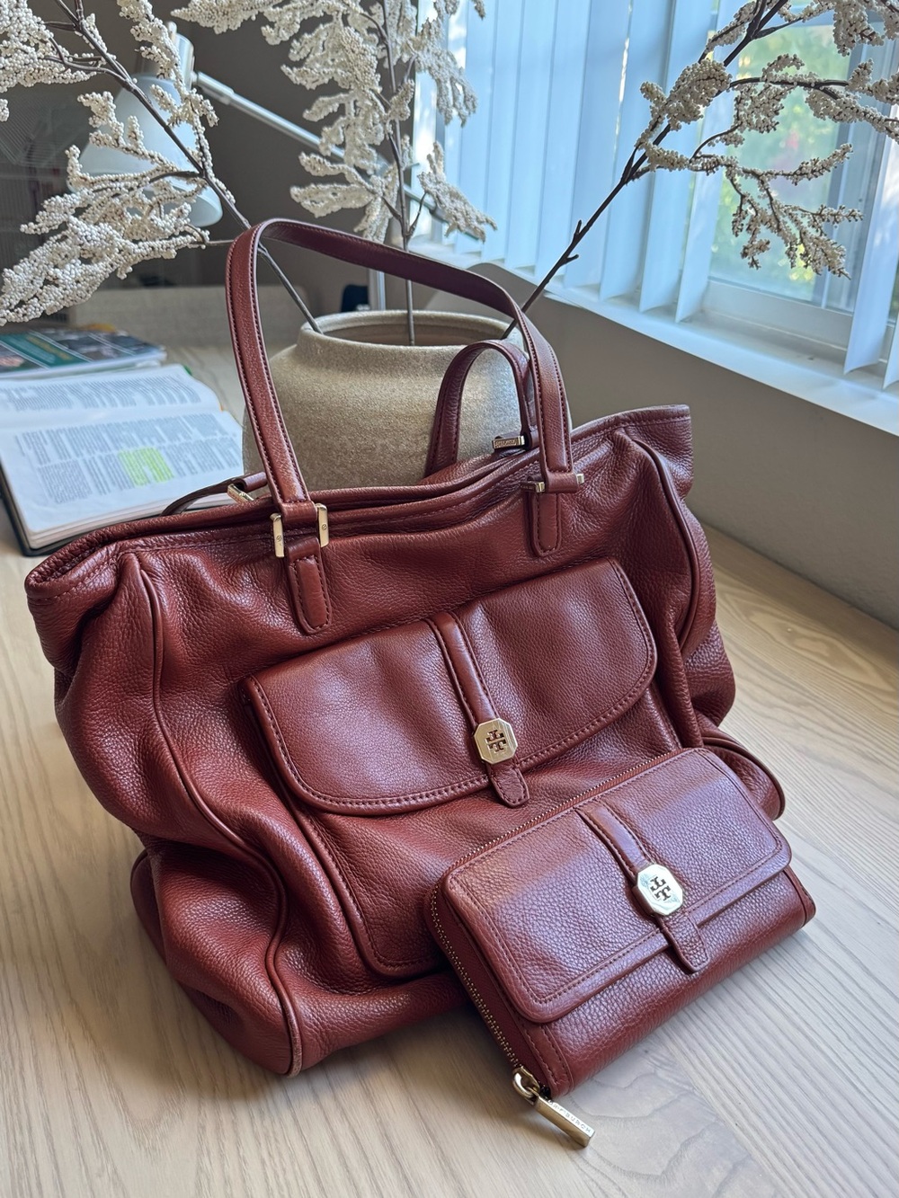Tori Burch Leather Tote in Deep Wine with Matching Wallet